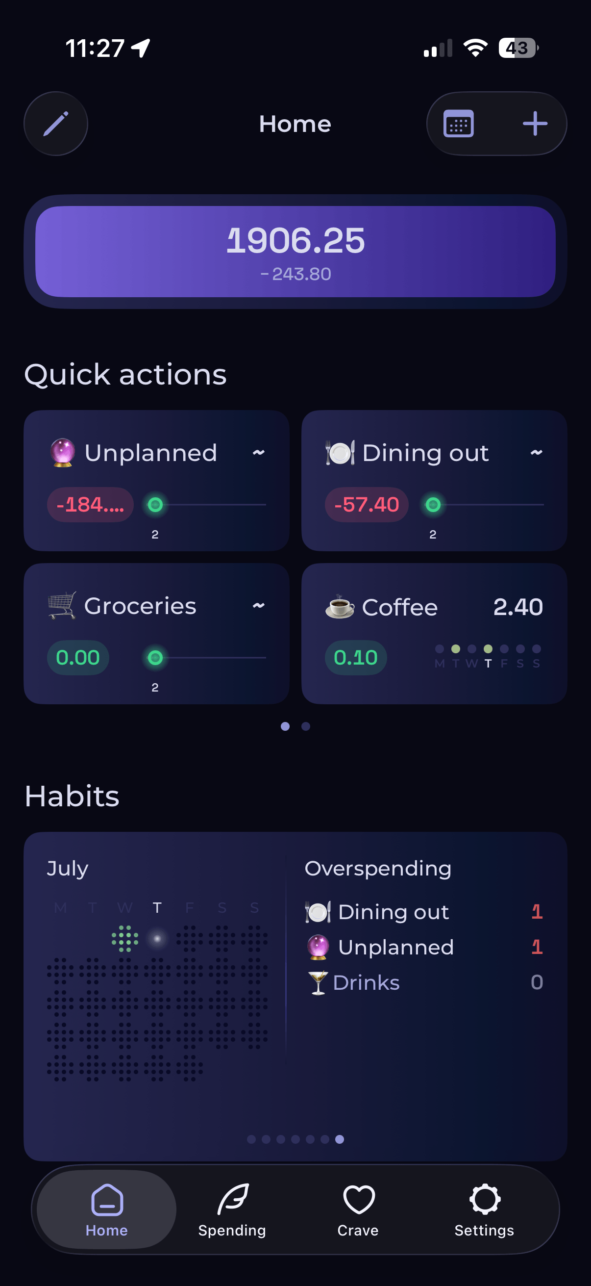 Velvet home screen — grid of Quick Action cards